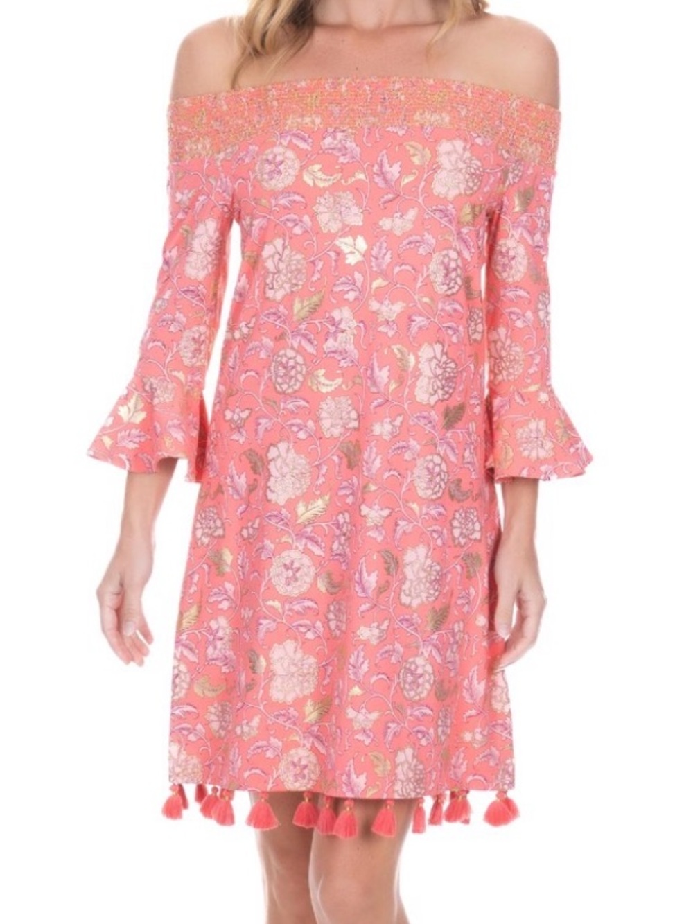 Cabana Life Dress Womens medium Off the Shoulder Tassels UPF Protection Floral - Picture 2 of 9